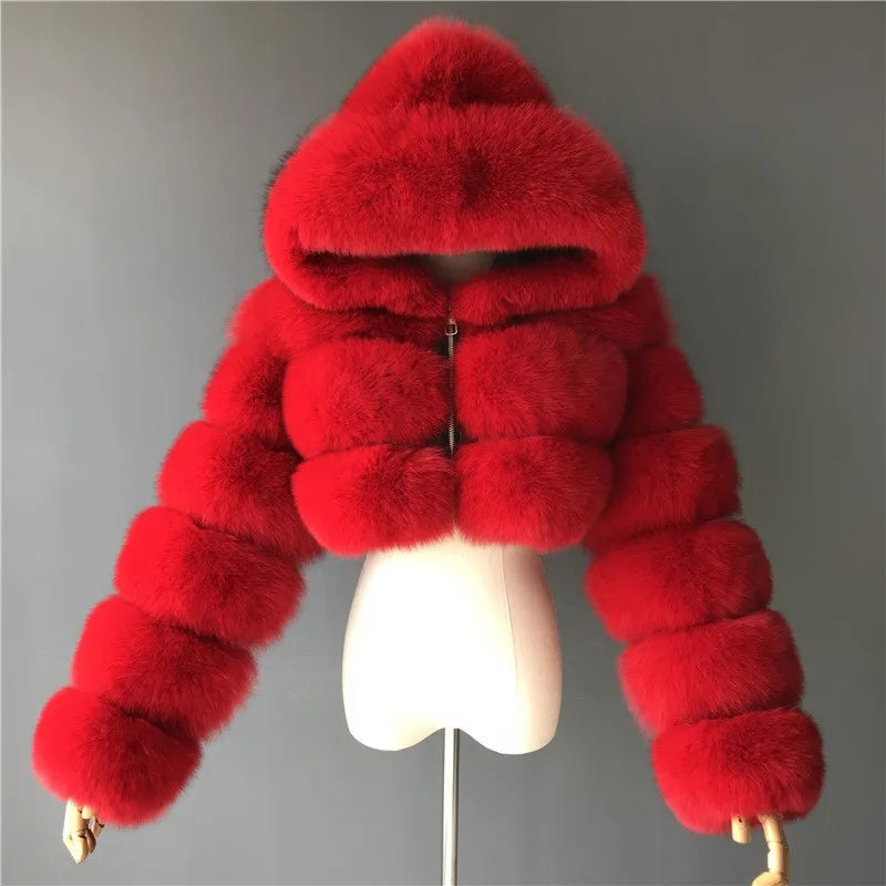 Ivy - Elegant Women’s Hooded Faux Fur Crop Coat