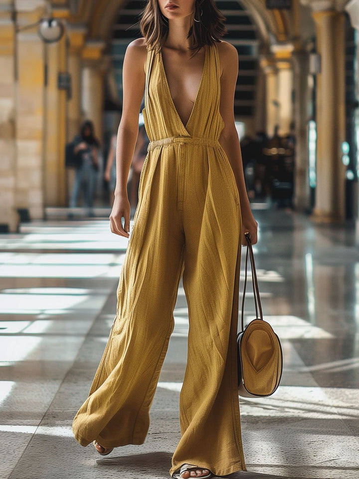 Emilia - V-Neck Casual Retro Denim Jumpsuit with Elastic Waist and Wide Legs